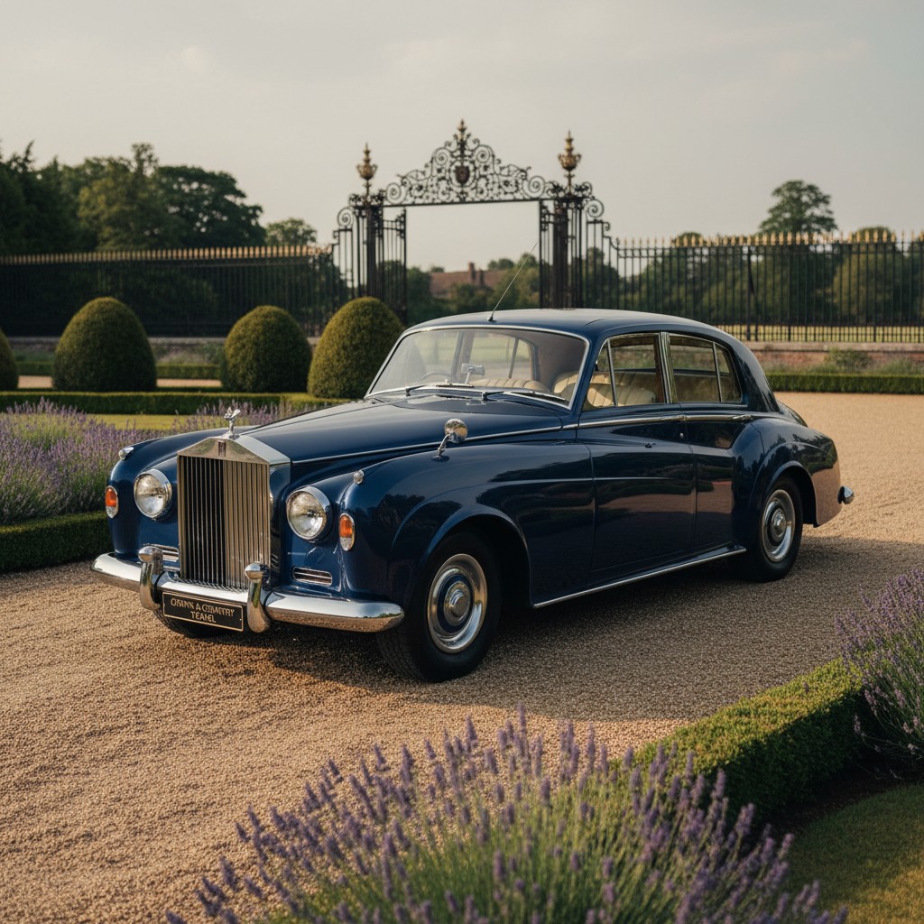 Image of a dark blue vintage Rolls-Royce parked on a gravel driveway with a black wrought iron gate in the distance.