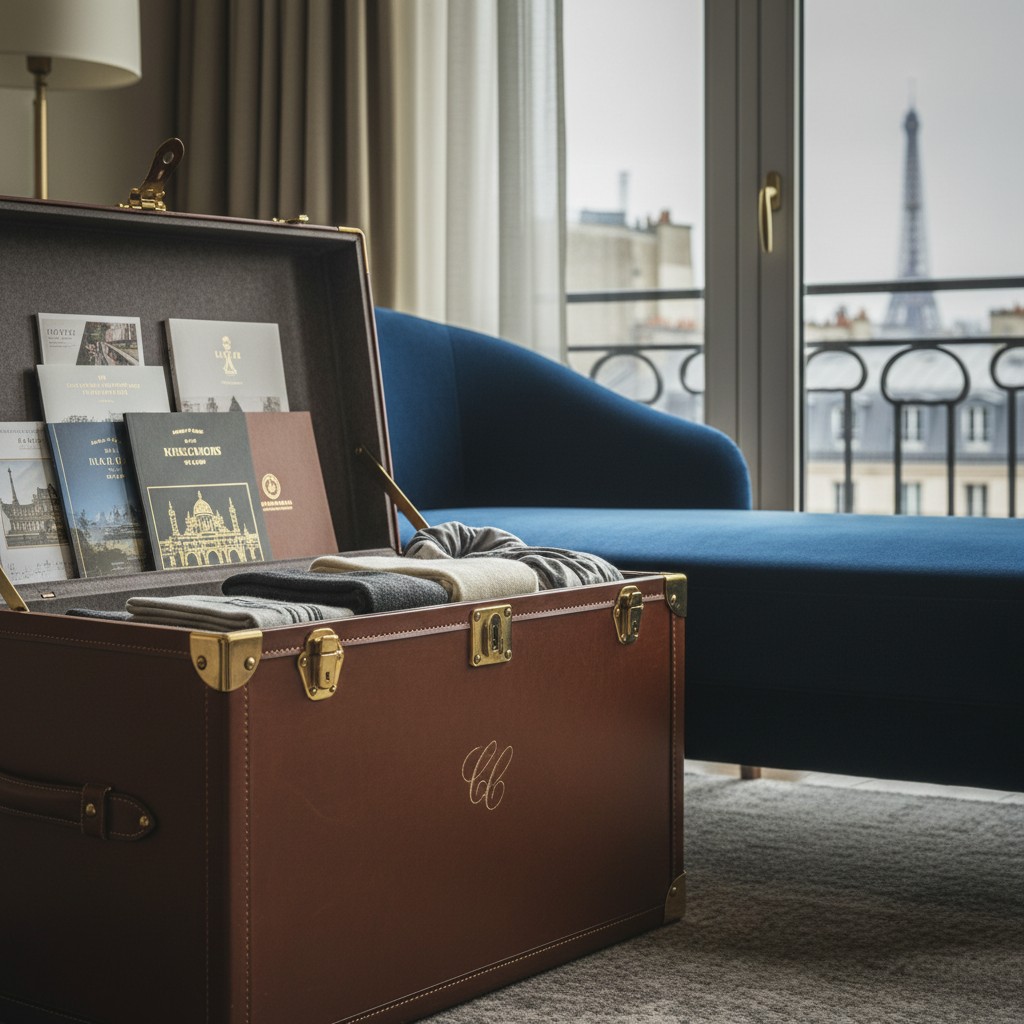 Decorative leather suitcase open on an elevated floor with stacked items, a view of a city through a window in the backgro...