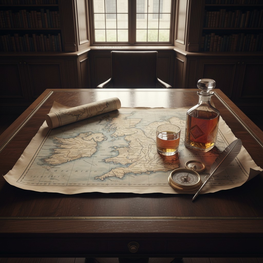 A dimly lit study features a desk with a rolled document, map, compass, and glass of rum, set beside a large window under ...