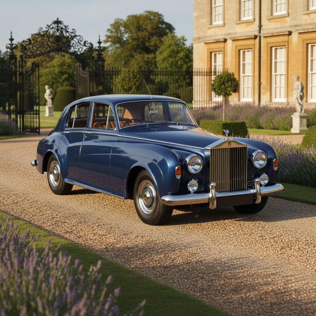 The image is of a blue Rolls-Royce parked in front of a stately country house.