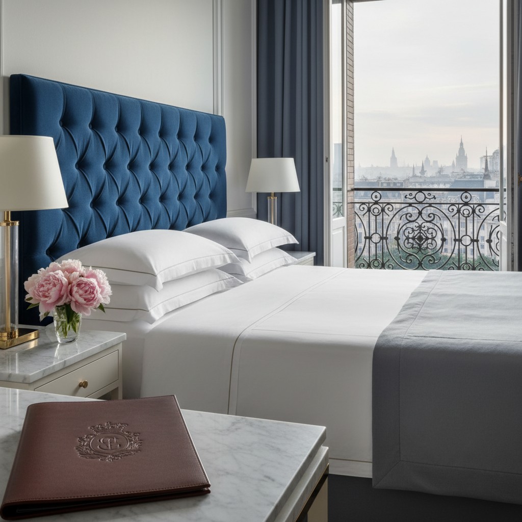 A luxurious bedroom with a city view, featuring a large bed, nightstand with flowers, and leather-bound journal.